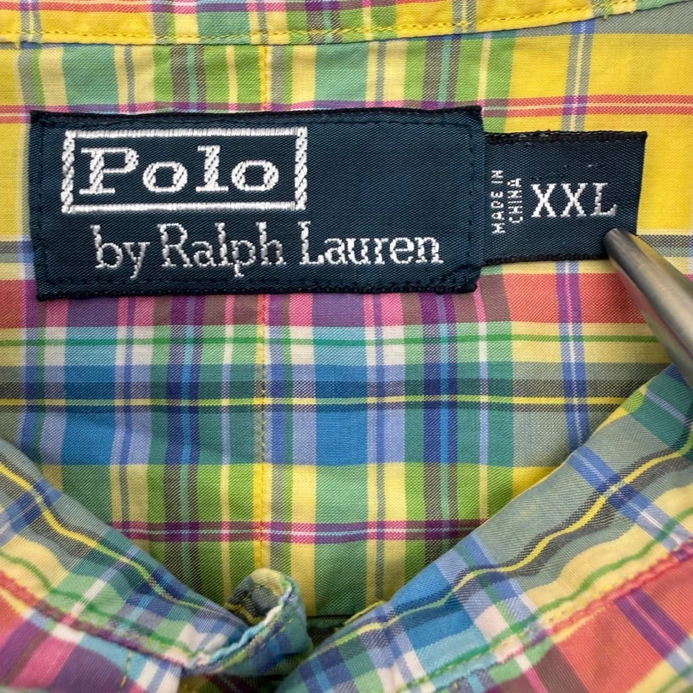 Polo Ralph Lauren Shirt Mens XXL Yellow Multi Plaid Madras Safari Button Up FLAW